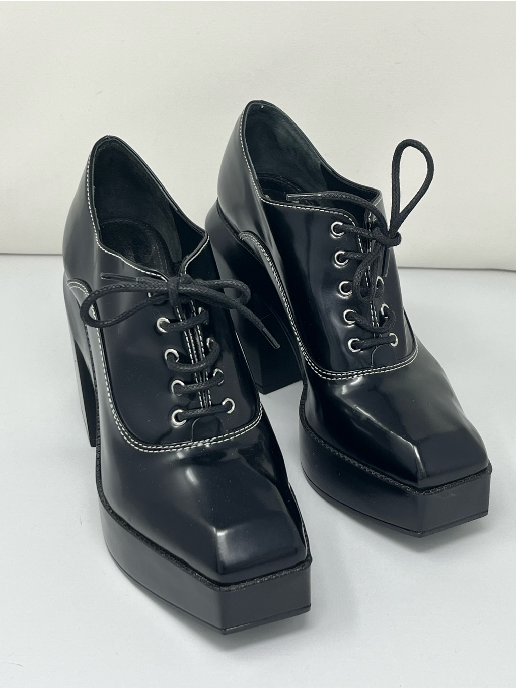 Gianni Bini Gb City Girl Oxford Platform Heels Black Patent Lace Up Size 9m Y2k